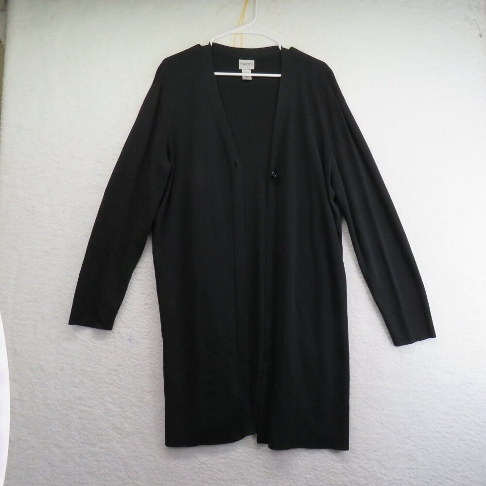 Chicos Sweater Womens Size Extra‎ Large Duster Cardigan Black Long Sleeve Button